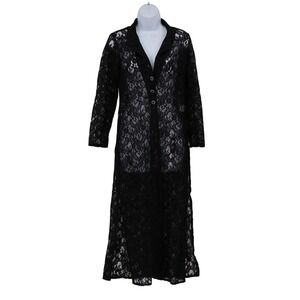 Vintage Lace Maxi Duster Cardigan Womens M Black Witchy Goth Alt Grunge USA Made
